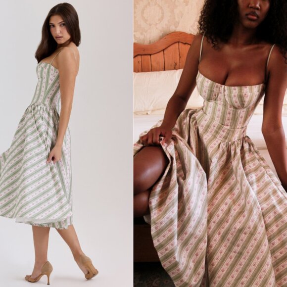 House of CB 'Samaria' sage striped floral print cotton midi dress NWOT - Picture 3 of 10